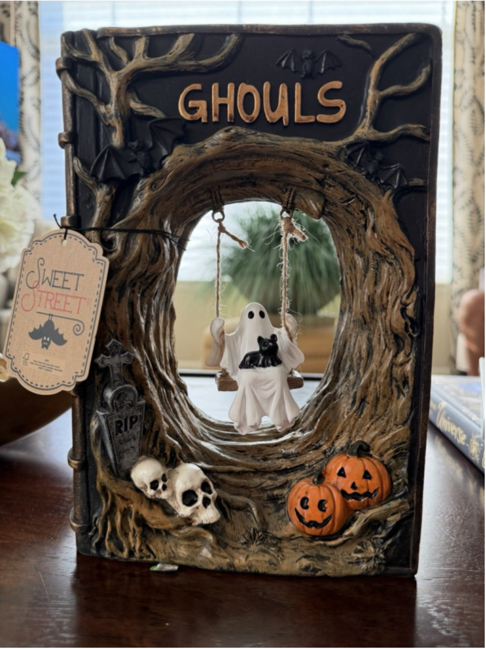 SWEET STREET Ghost & Black Cat On Tree Swing Viral Halloween 2026 Tabletop Decor